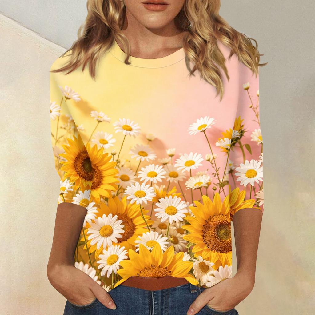 Top da Donna Casual a Manica a Tre Quarti con Stampa Floreale Girocollo Vestibilità Larga Pullover Camicetta Leggera per l'Uso Quotidiano