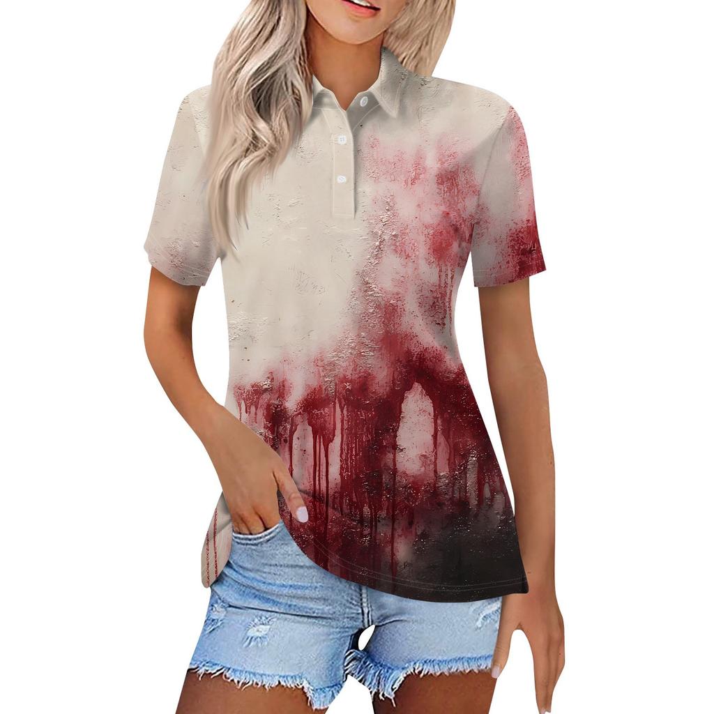 Dámská móda Ležérní klopa Krátký rukáv Halloweenský potisk Košile Dámské zapínací topy