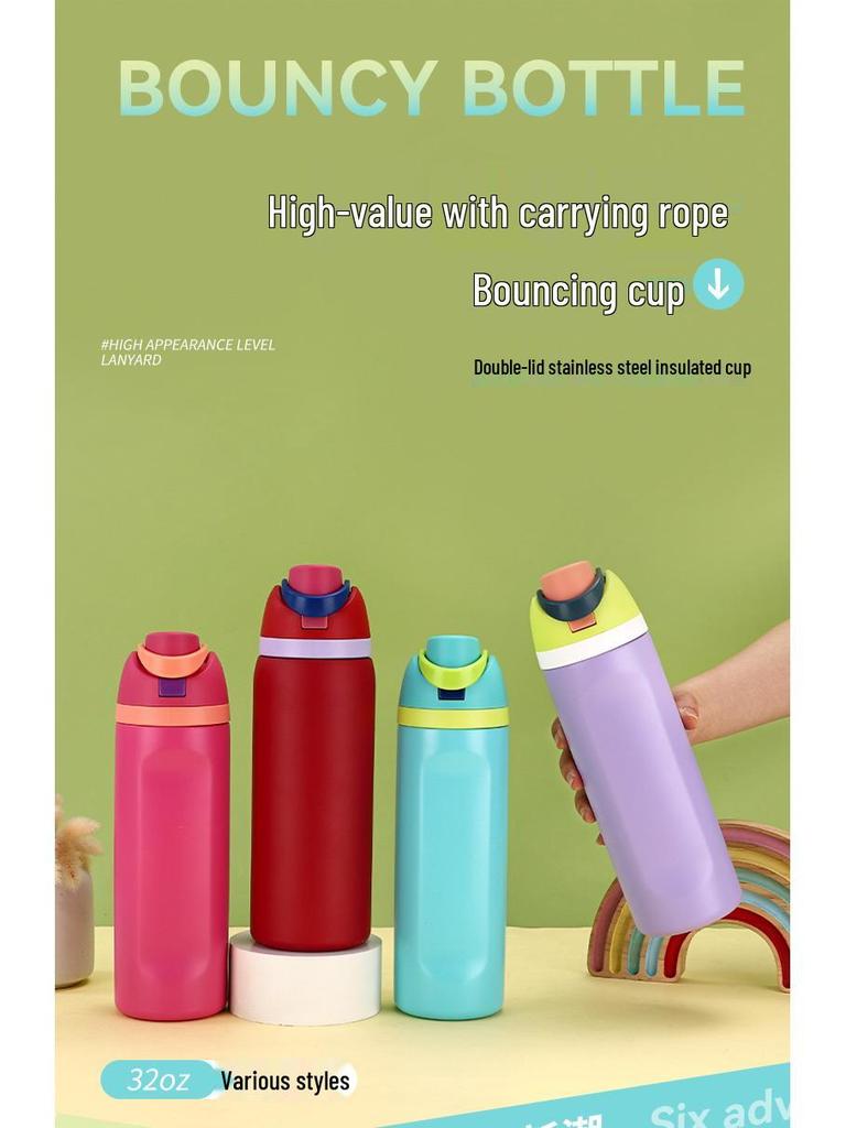 Double-Drink Lid Stainless Steel Insulated Sports Cup with Straw, Large Capacity, Flip-Top, Carry Rope