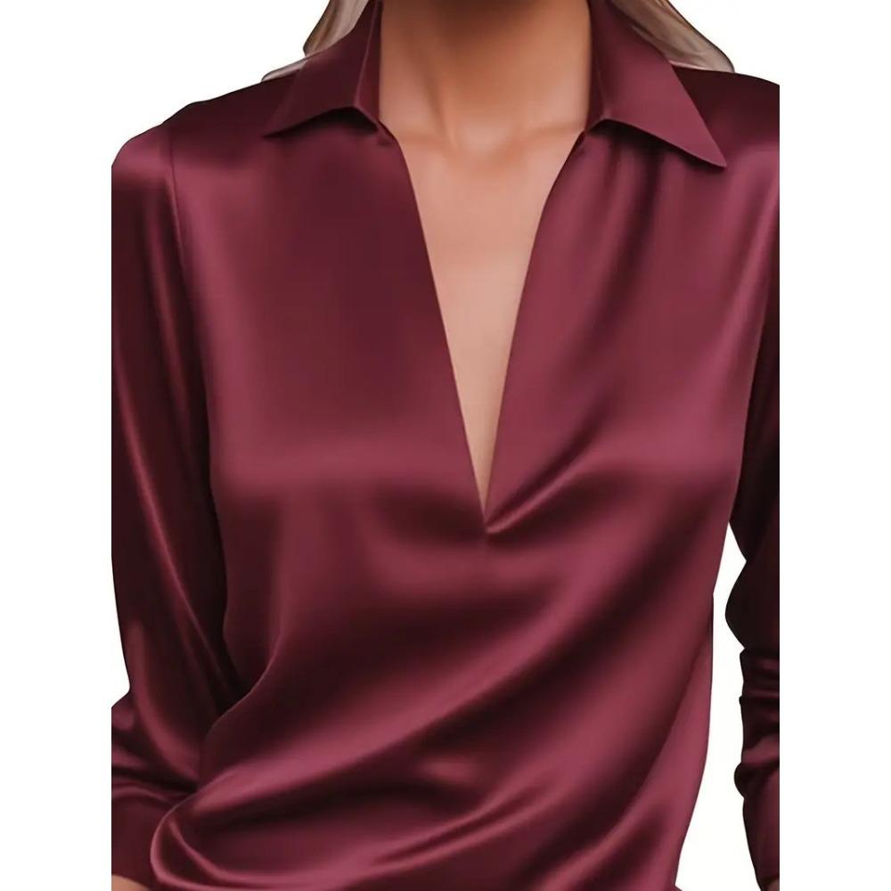 Women's Elegant Solid Color Simple V Neck Long Sleeve Shirt, Casual Office Work Wear Slim Fit Basic Blouse Top