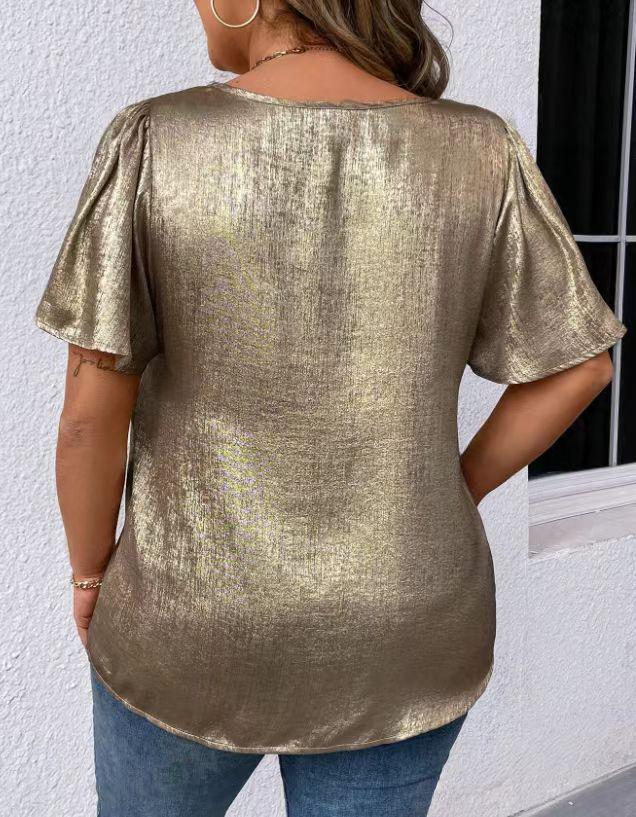 T-shirt Manches Courtes Uni Col en V Coupe Ample pour Femme Printemps/Été 2026