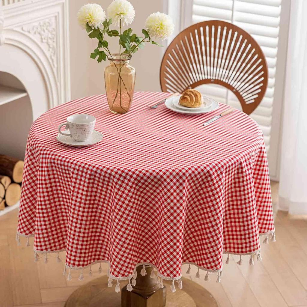 Red Plaid Ruffled Tassel Table Cloth Round Cover, Farmhouse Checker Gingham Vintage for Coffee Tea, Dining Home Table Decor