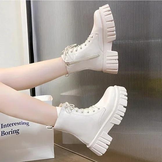 Moda 2024Botas Femininas Moda Bota de Cano Médio Couro PU Botas Casuais Antiderrapantes de Plataforma para Mulheres Bota de Tornozelo de Amarrar Botas Mujer