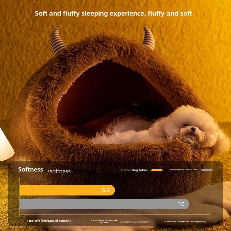 Autumn and Winter Dog Plush Thickened Warm Kennel Long Haired Monster Cat Nest Semi-closed Cute Cartoon Pet Nest