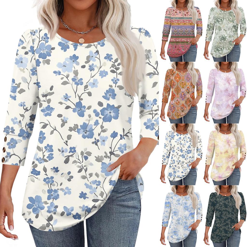 Womens Tops 3/4 Sleeve With Buttons Casual Blouses Summer Outfits Beach Vacation Clothes