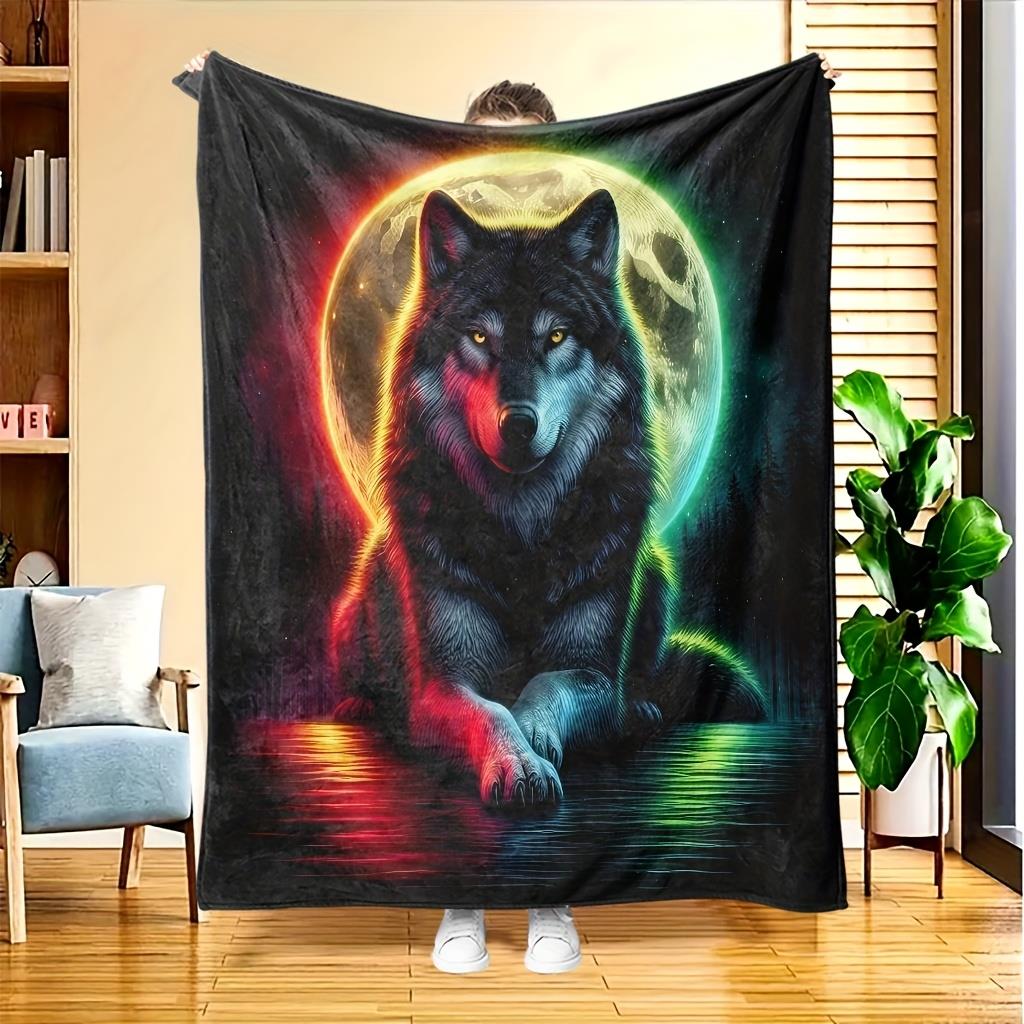 

Colorful wolf and moon pattern Flannel printed blanket suitable for all seasons suitable for living room office sofa and travel 75x100cm (30x40inch)