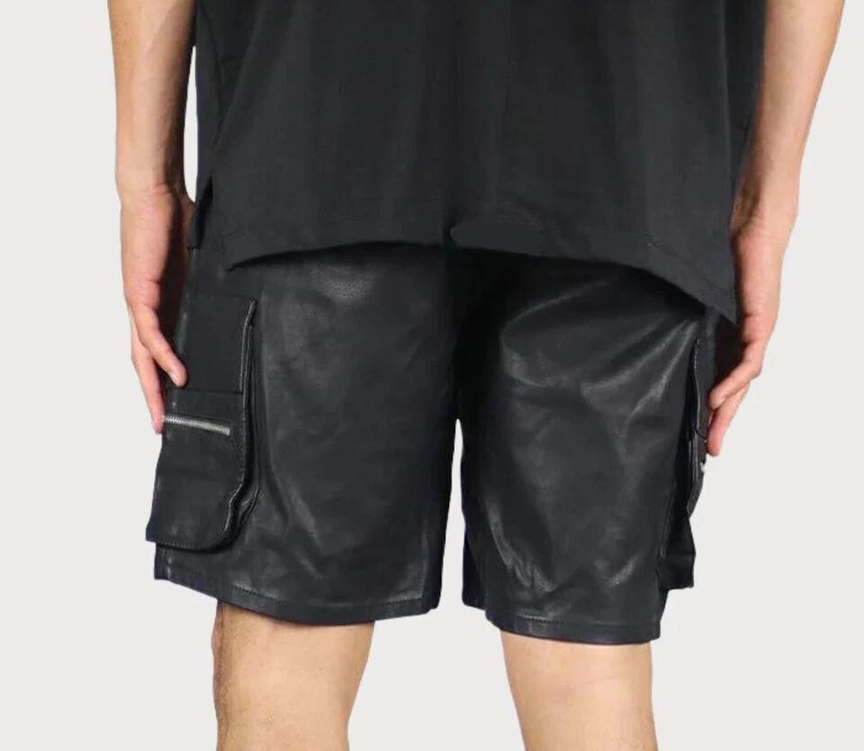 Black Men Gym Short Pants Boxer Genuine Lambskin Sports Leather Casual Stylish