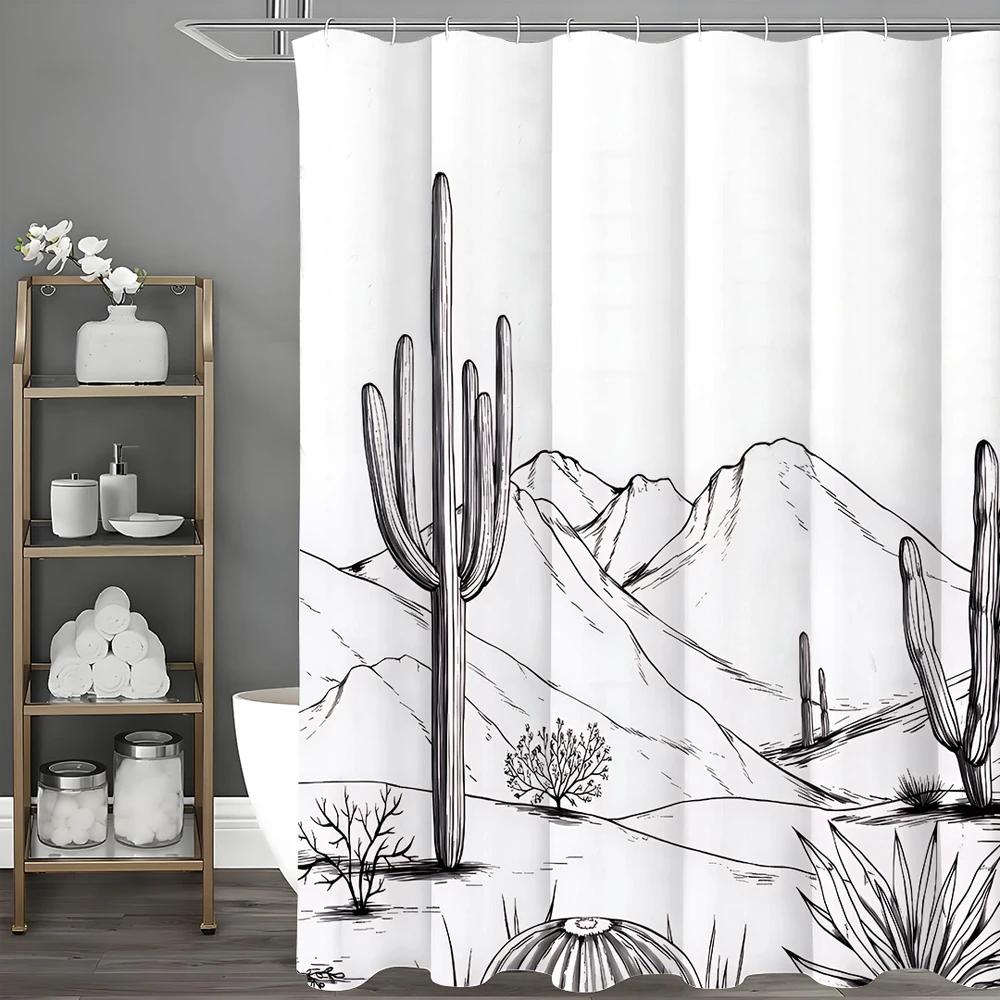 

Line Art Desert Cactus Shower Curtain, Bathroom Decorative Shower Curtain, Waterproof Shower Curtain With Hooks W60H190(CM)-1 Pcs