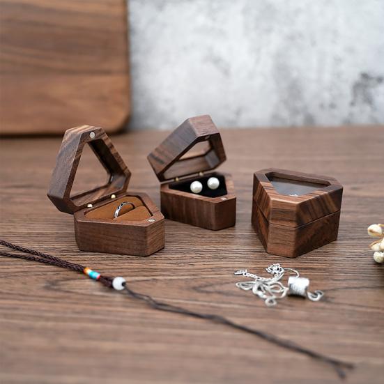 Jewelry Storage Box Finish Velvet Foam Triangle Shape Rustic Storage Single Slot Wooden Ring Box Engagement Accessory