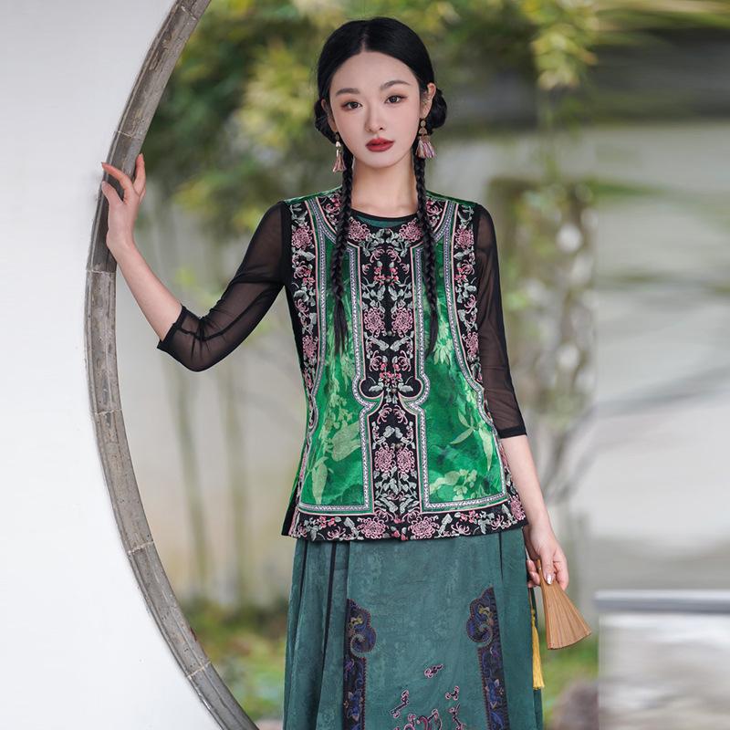 

Ethnic Women s Retro Embroidered Brocade Vest with Frog Closure XXXL зелёный