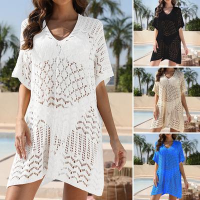 Damen Mesh Häkel Bademode Cover-Up V-Ausschnitt Kurzarm Aushöhlen Strandmode Lockere Passform Bikini Cover-Up Kleid für Urlaubsreisen