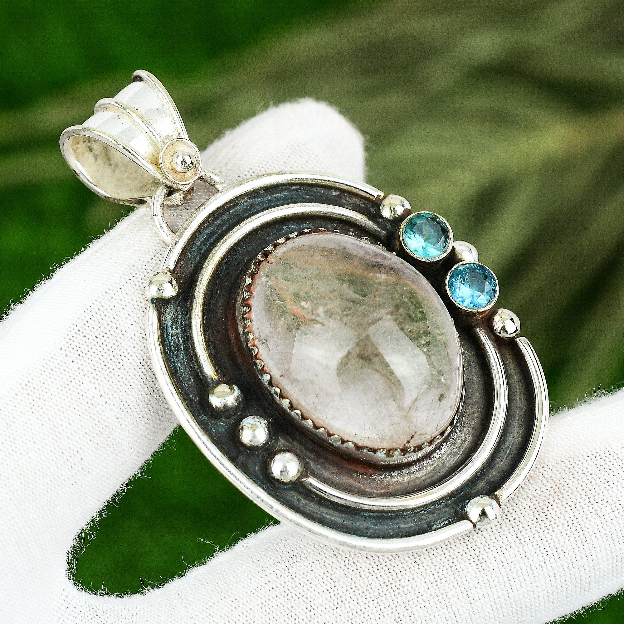 

Овальный камень розового кварца, голубой топаз, модная новая подвеска, ювелирное изделие из стерлингового серебра 925 пробы