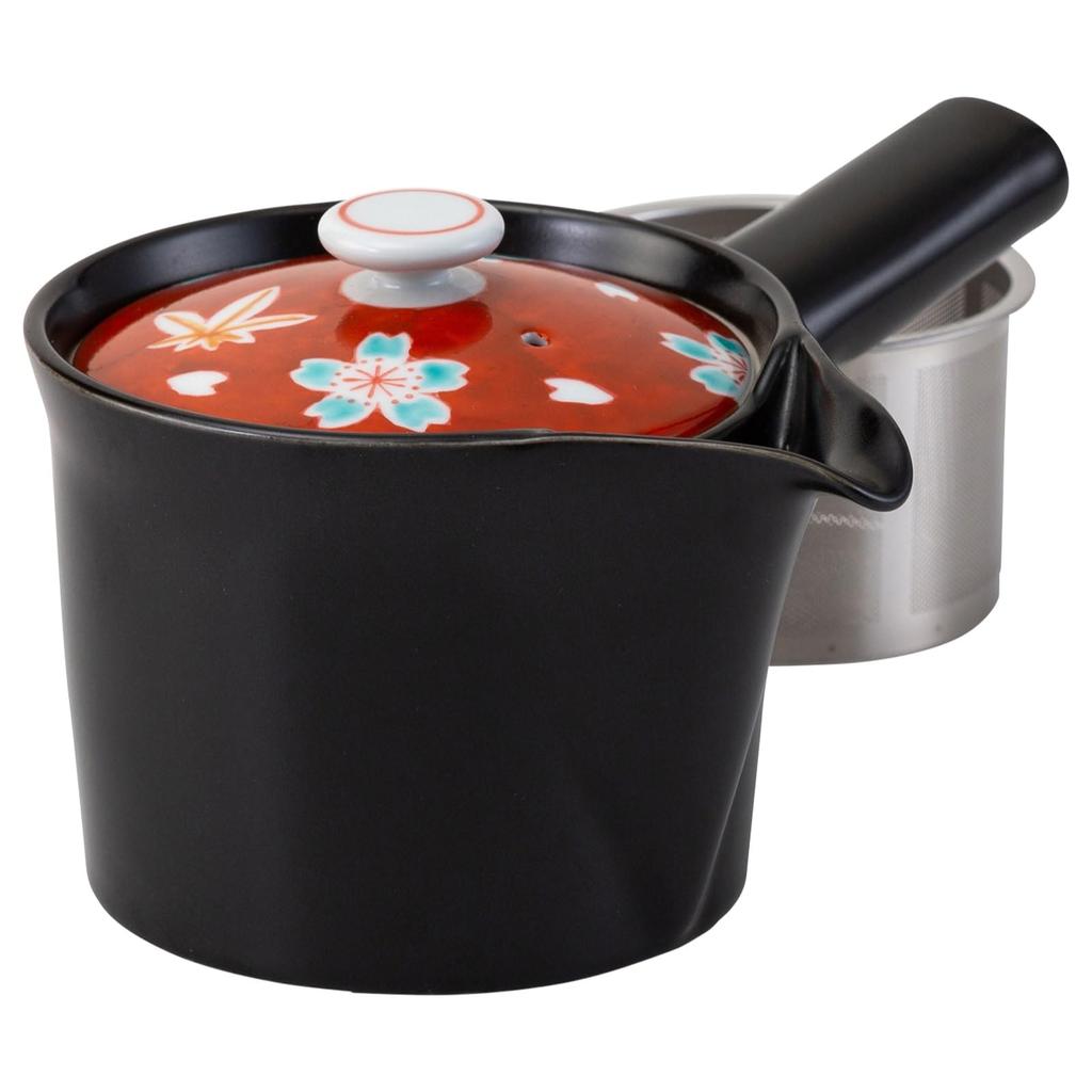 Imari ware teapot (Super Stainless Steel with tea strainer), dark red with a spring and autumn black pattern, capacity approximately 340ml, made in