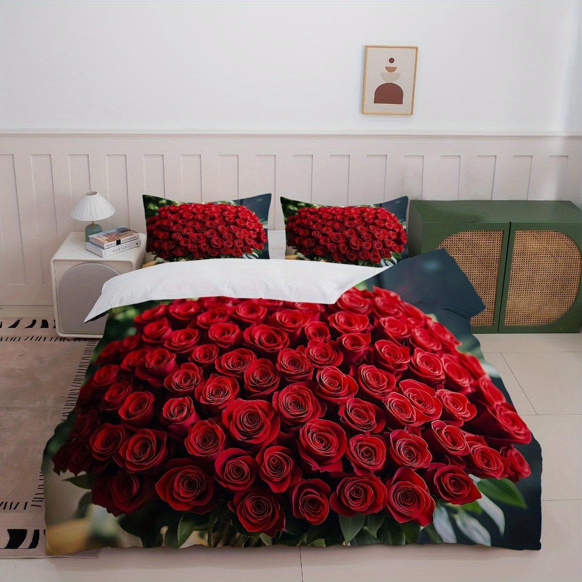 

Red Roses Bedding Set 3D Printed Duvet Cover Set Soft Single Twin Double Queen Size Bed Set Home Decor For Wedding Anniversary EU Single(135*200cm)3pcs