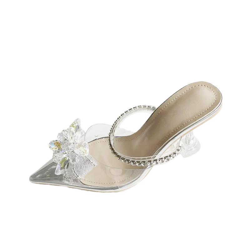 Fashion Eilyken Fashion String Bead Crystal Buckle Women Pumps Sexy Pointed Toe Low Heels PVC Transparent Sandals Wedding Prom Shoes