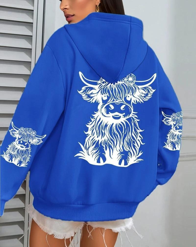 Damen, Kuh Cartoon Tier, Bedruckter Damen Hoodie Herbst Locker Lässig Tasche Fleece Pullover