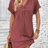 Women Casual Short Sleeve Mini Dress Summer Fashion Solid V Neck Button Down Beach Party Dresses Femme Robe