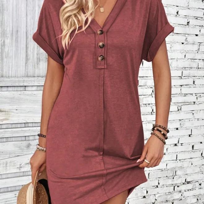 Women Casual Short Sleeve Mini Dress Summer Fashion Solid V Neck Button Down Beach Party Dresses Femme Robe