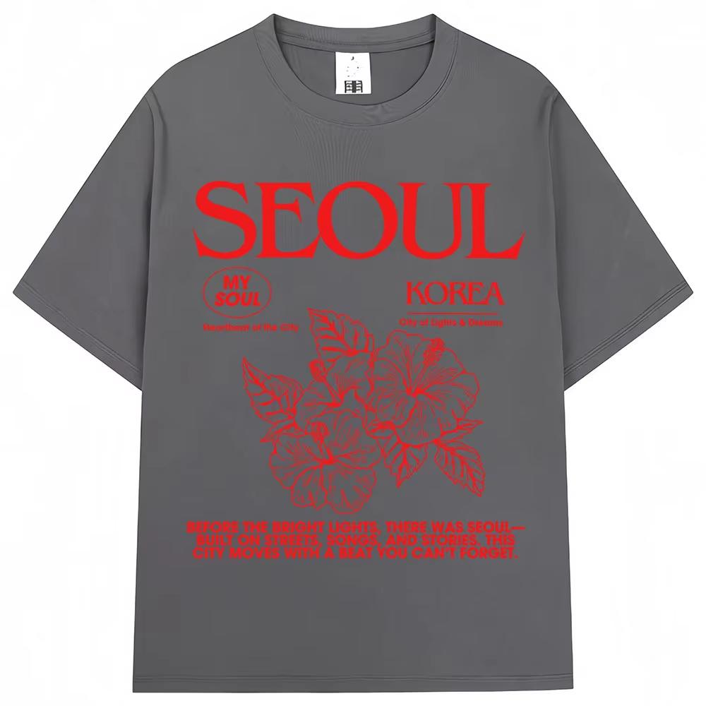 2026 Korean Style Seoul Hibiscus Print Tshirts Men Women Harajuku Fashion Aesthetic T Shirt Cotton Casual Tees Streetwear