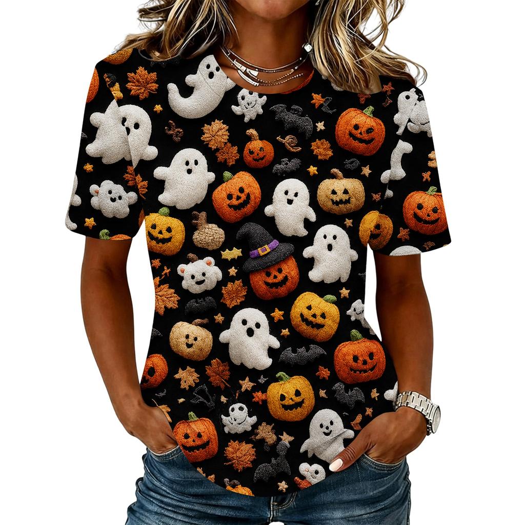 Women's Casual Loose Fit Halloween Print T-Shirt Short Sleeve Crew Neck Top Comfortable Lightweight Fabric All Over Graphic Design