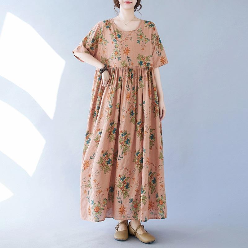 Short Sleeve Plus Size Cotton Vintage Floral New In Dresses for Women Casual Loose Long Summer Dress