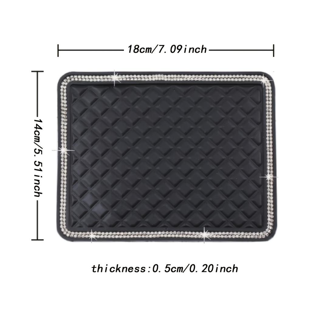 1pc Black Silicone Car Center Console Organizer with Diamond-Studded Border - Non-Slip Dashboard Storage Mat for Keys, Remote & Accessories