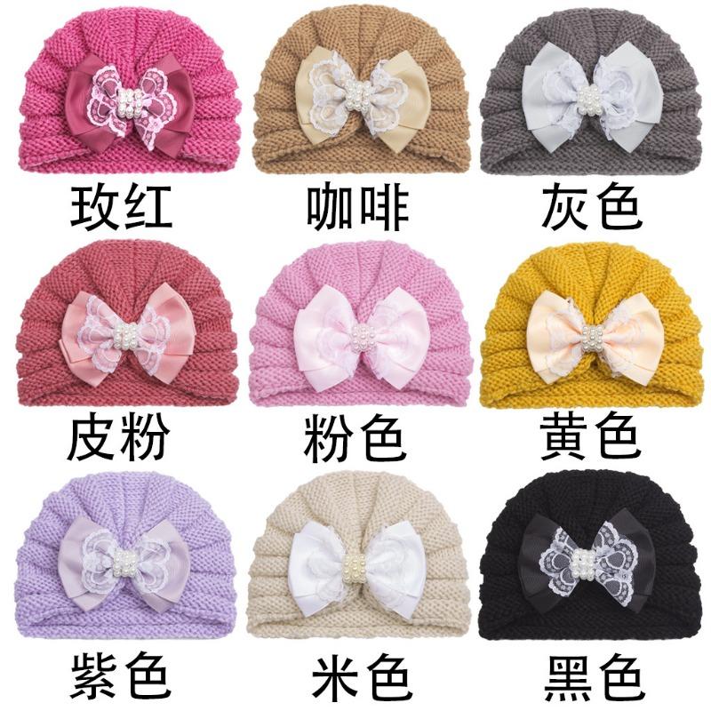 Winter new baby wool hat, children's pearl bow thermal pullover hat, baby hat