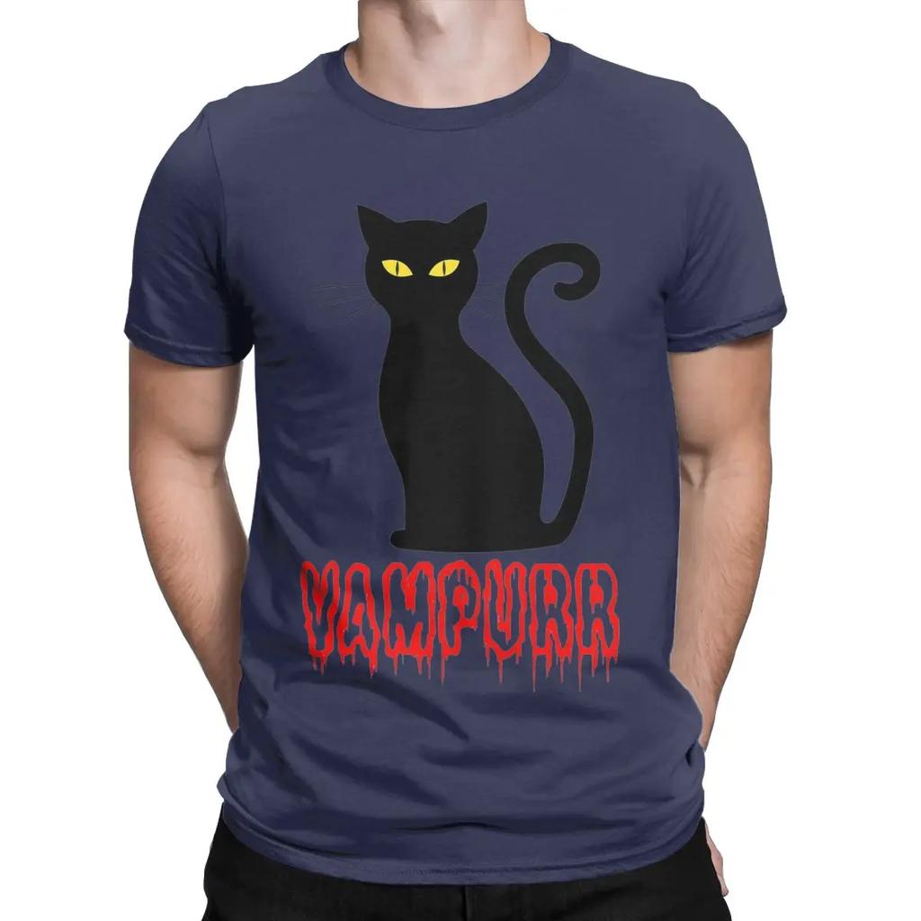 Vampurr Black Cat Halloween Gift T Shirt Men's Cotton Funny T-Shirt Round Collar Vampire Tee Shirt Short Sleeve Tops Gift Idea