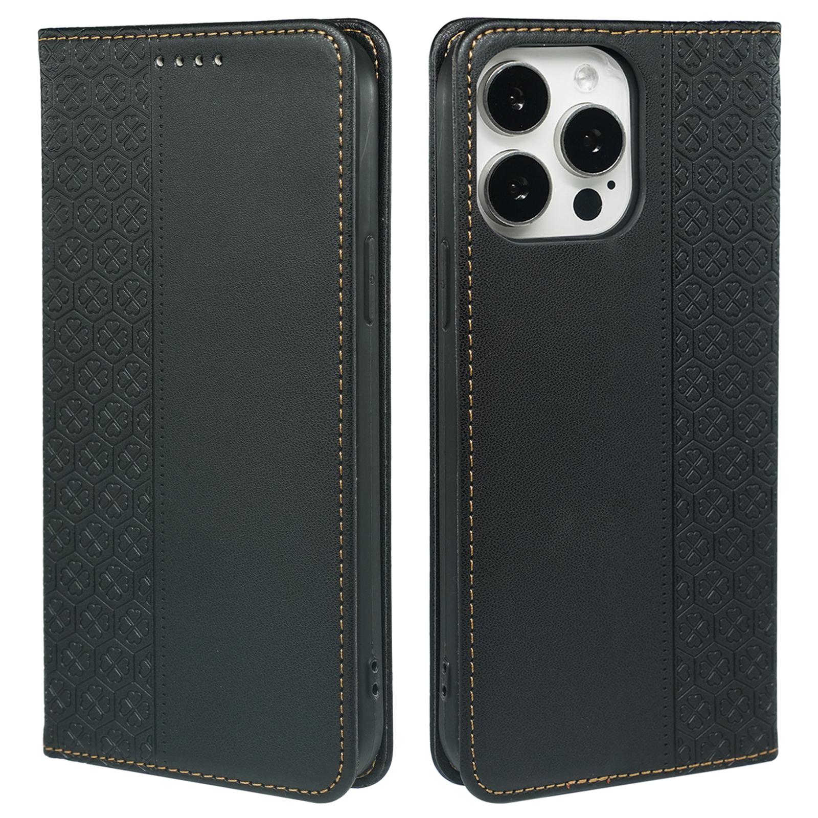 

For iPhone 13 Pro Max Wallet Case Four-Leaf Clover Leather Phone Cover Black