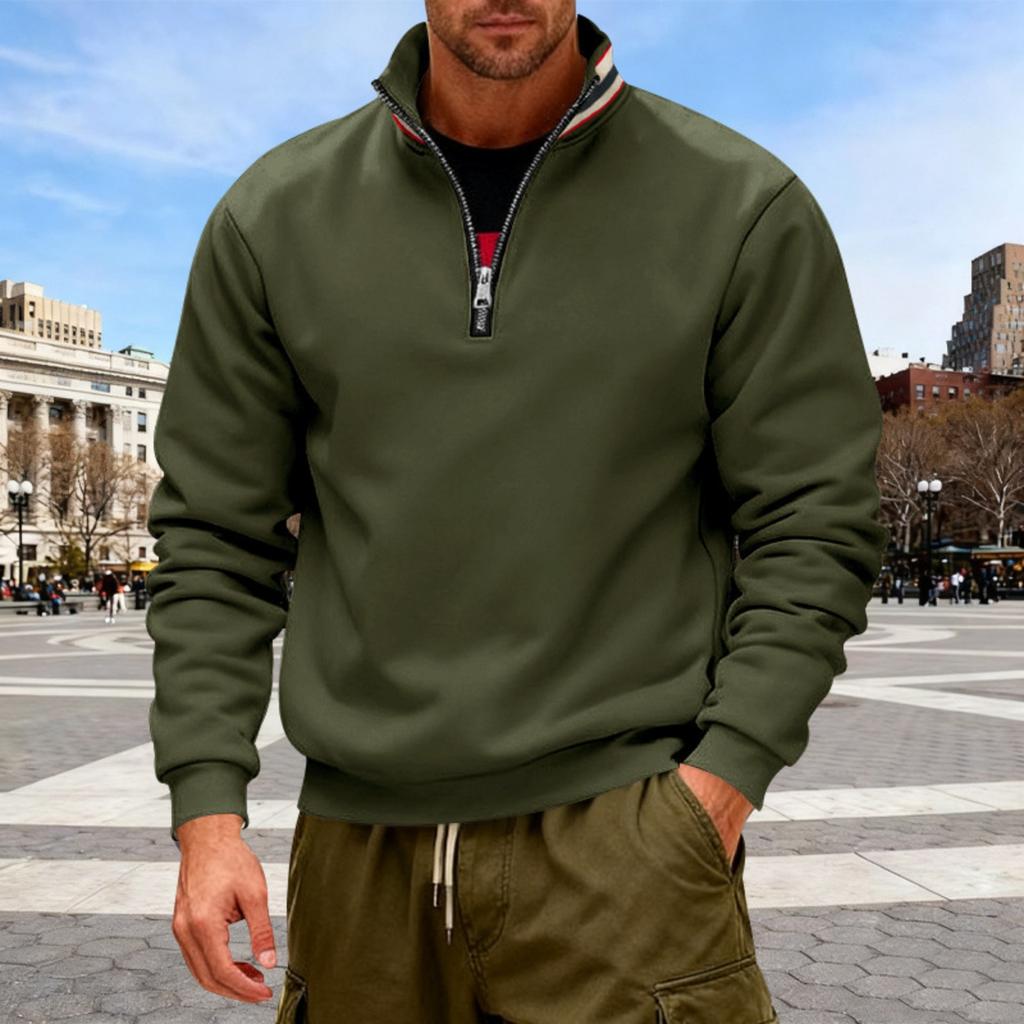 Men's Solid-color Casual Fleece Hoodie, Men's Loose Stand-up Collar Semi-zipper Casual Sport Pullover Hoodie