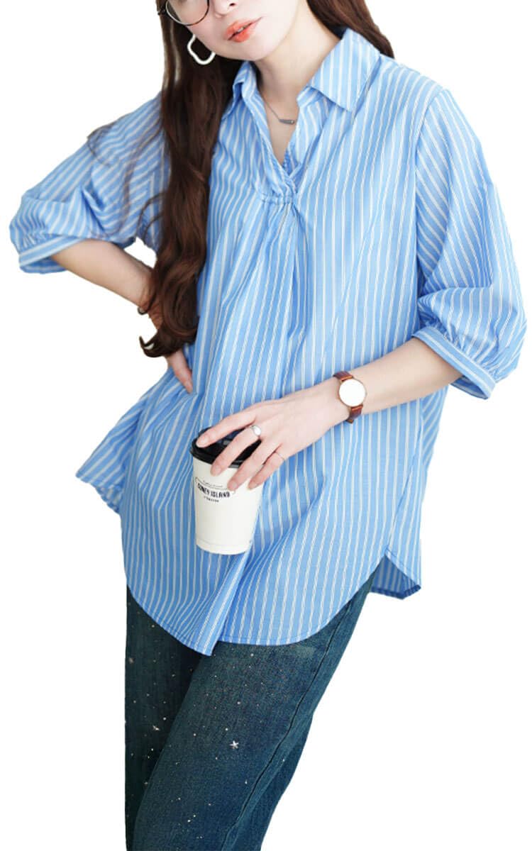 

Gold Japan Plus Size Striped Skipper Top with Sax Women s Blouse, 5/8 Sleeve, Cool-to-the-Touch Mesh, Tuck, cpdai-640807, 5L,