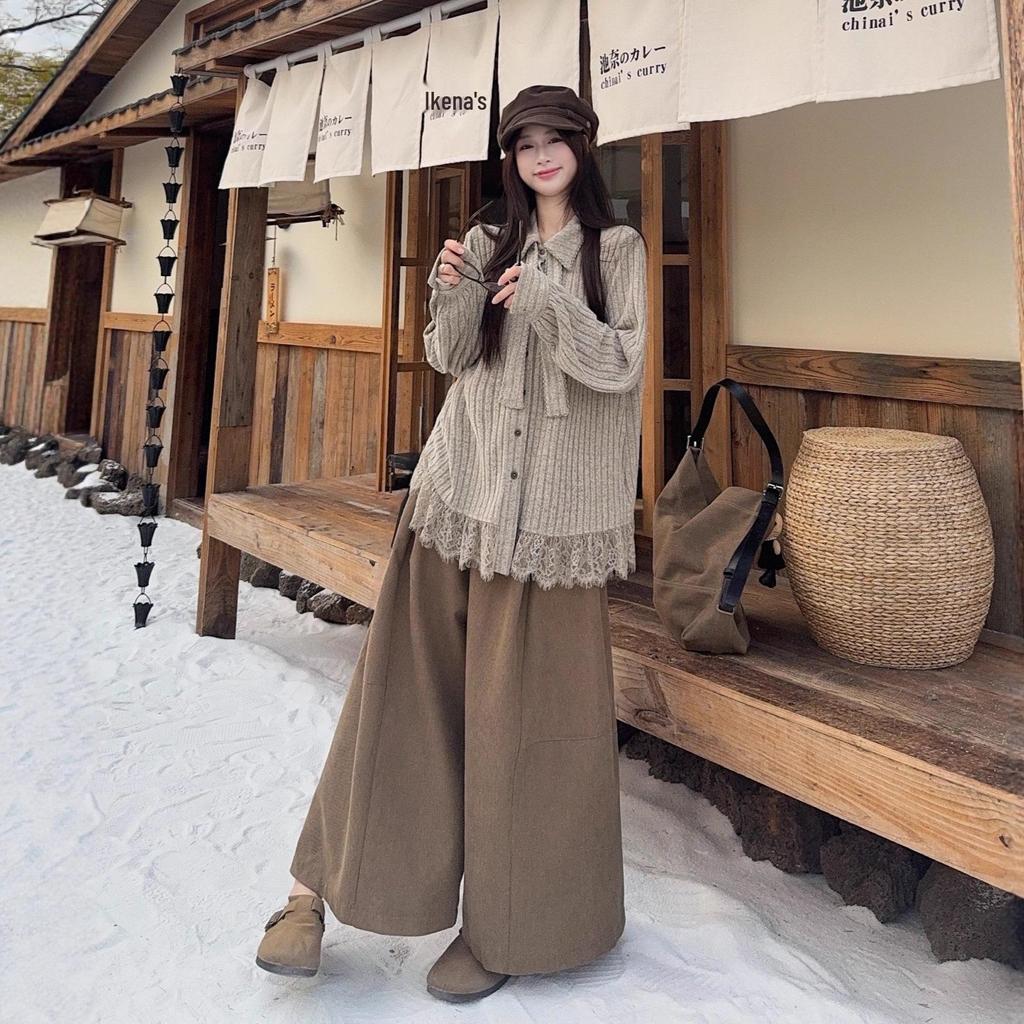 Women's Retro Lace Patchwork Knit Long Sleeve Shirt - 2026 Autumn/Winter Loose Fit