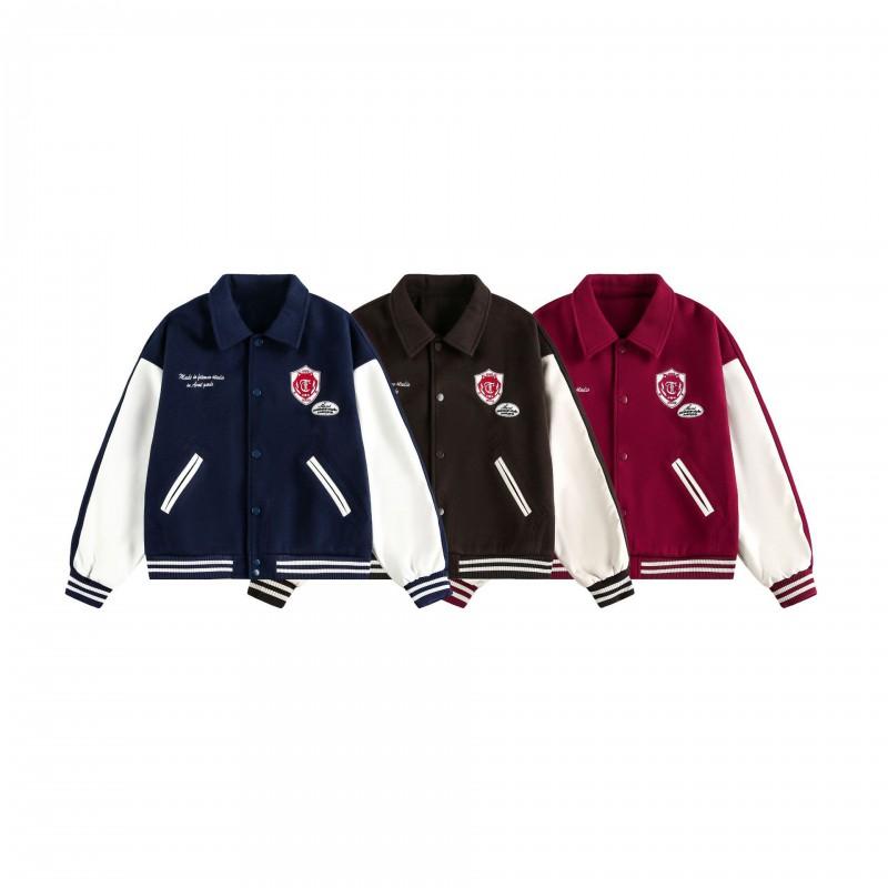 Unisex College Style Patch Embroidery Baseball Jacket Short Loose Fit Cotton Outerwear Teens