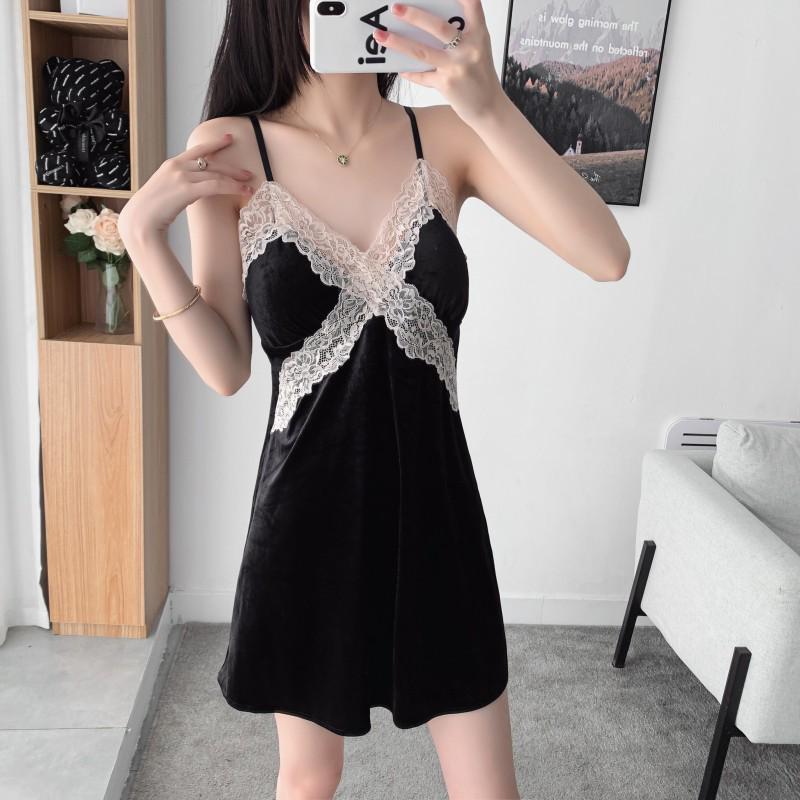 Autumn & Winter Sexy Gold Velvet Pajamas - Women's Lace Camisole Nightdress