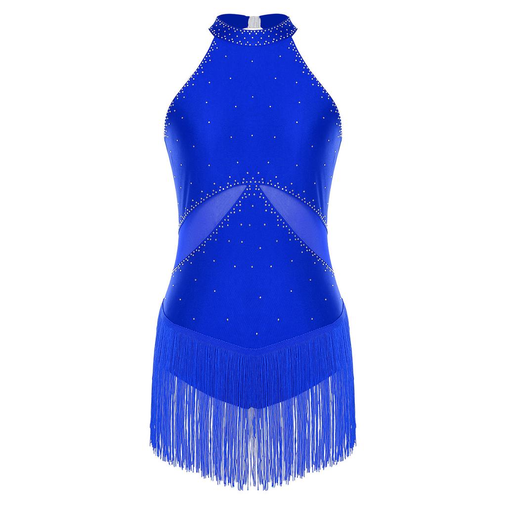 Dame Latin Dans Leotard Glitrende Rhinestone Dusker Mesh Lappverk Rygg Utklipp Bodysuit Ytelseskostyme