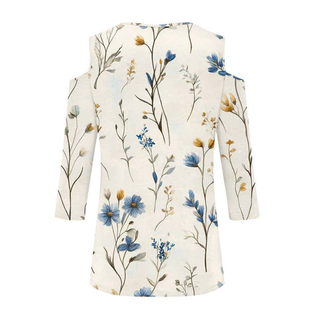 Women's Casual Shirt Blouse Print V-neck Sexy Cold Shoulder 3/4 Sleeve Top
