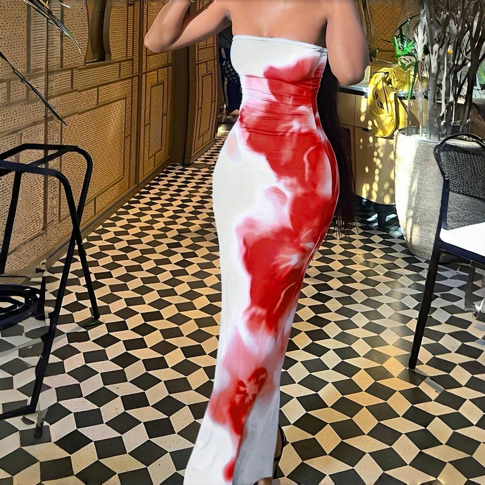 

LYRIA Сексуальное Макси-платье-труба без бретелек с принтом для женщин, с открытыми плечами, без спинки, стрейч, длинный сарафан, летняя пляжная одежда Y2K XL