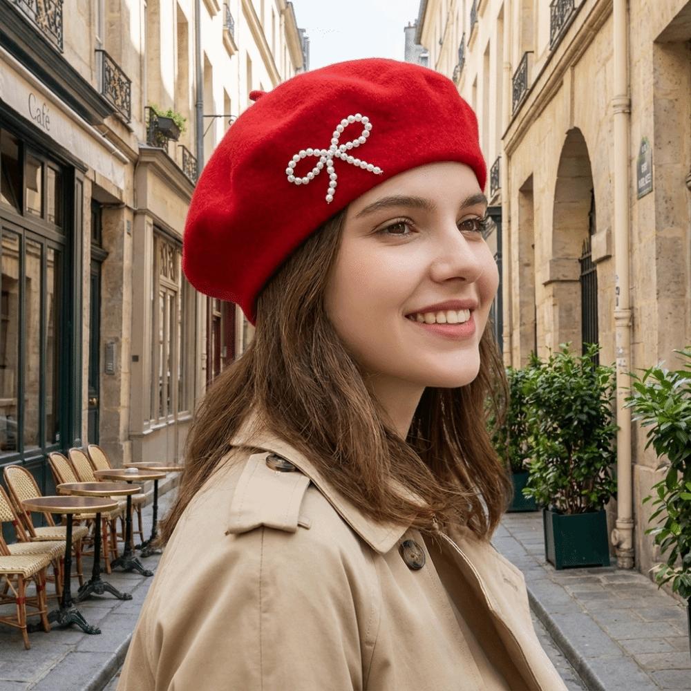 Solid Color Wool Beret Knitted Beanie Cap Sweet Bow Beret  Autumn