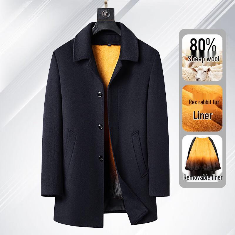 Men's Winter Wool Blend Overcoat with Removable Rabbit Fur Lining