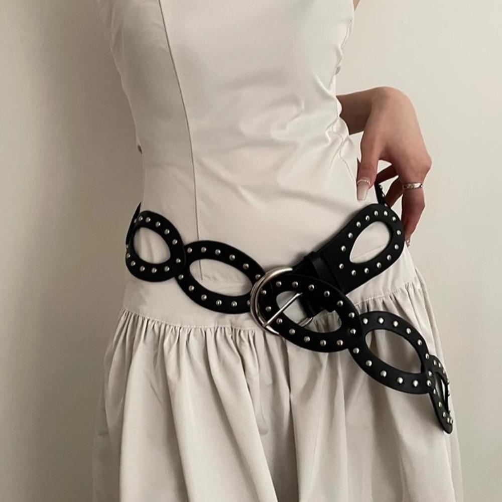 Elliptic Geometry PU Leather Waistbands Hollow Out Rivet Waist Belt  Dress Decoration