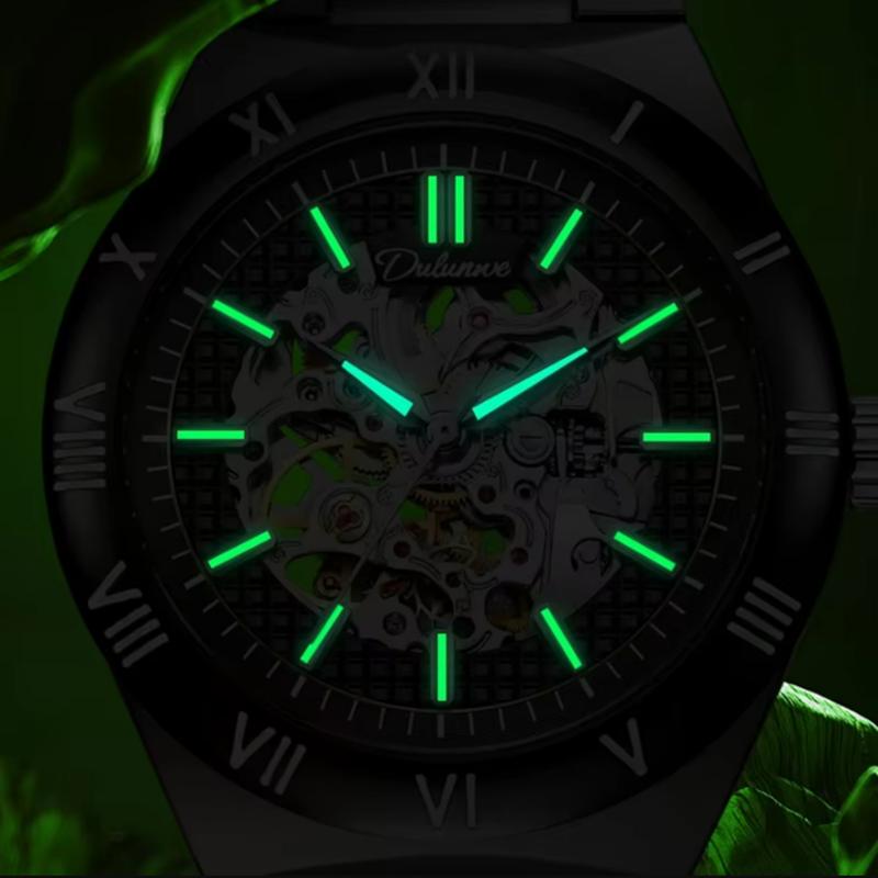 Dulunwe Skeleton Mechanical Watches Blue Roman Dial Watch for Men Automatic Watches Luxury Sports Waterproof Clock