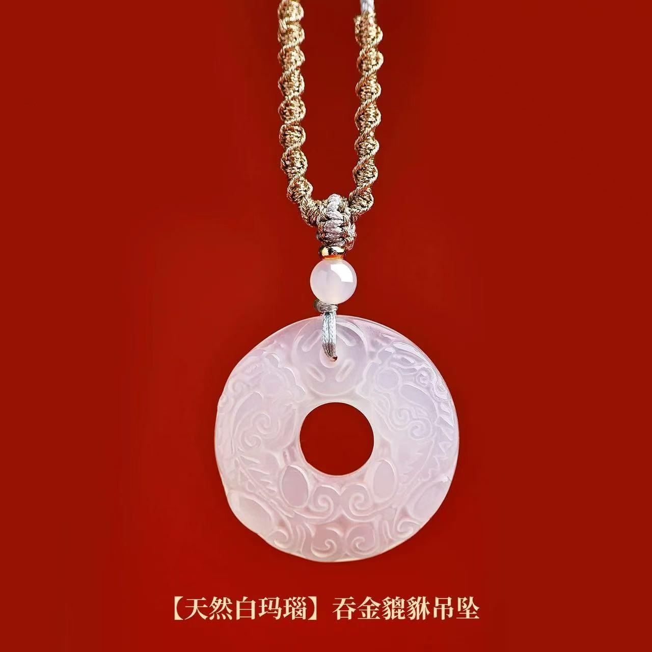 DJ Jewelry Natural Agate Chalcedony Dragon Pendant with Double Pixiu and Peace Buckle Necklace for Men and Women Natural white agate/Gold-