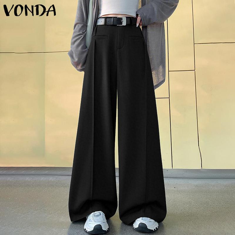 VONDA Women Zip-up Waist Casual Loose Long Palazzo Pants Suit Trousers