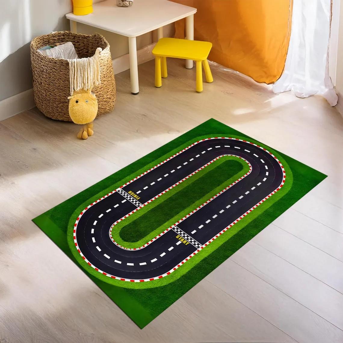 

Kids Race Track Rug ,Kids Car Play Mat, Green Race Track Rug,Start Line, Racetrack Rug,Kids Room Rug,Racing Car Decor Floor Mat 40x60CM