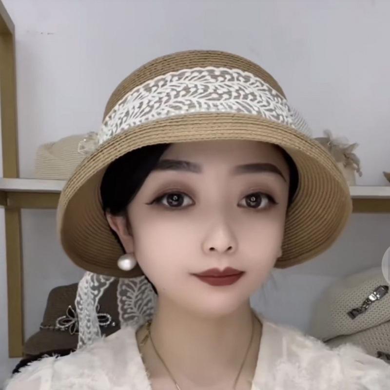 Summer Pearl Ribbon Hepburn French Mini Hat, Outdoor Sun-protection Sunshade Basin Hat, Sun Hat for a Slimming and Elegant Look