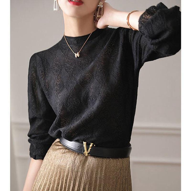 White Knitted Shirt Long Sleeve Hollow Bottom Shirt Trumpet Top Early Autumn Women's Wear