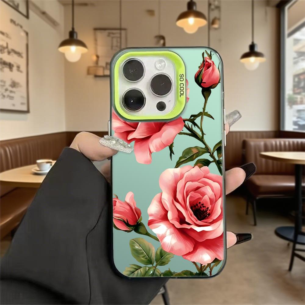 Pink Roses with Green Foliage Shockproof Phone Case for Iphone 16 15 14 13 12 11 Pro Max/Mini Anti-Scratch Premium Hard Cover