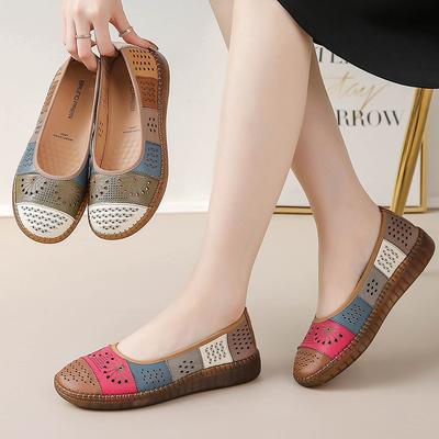 Fashion New Genuine Leather Ballet Flats Women's Summer Breathable Shoes Slip On Hollowed Nurse Loafers Woman Vintage Driving Moccasins