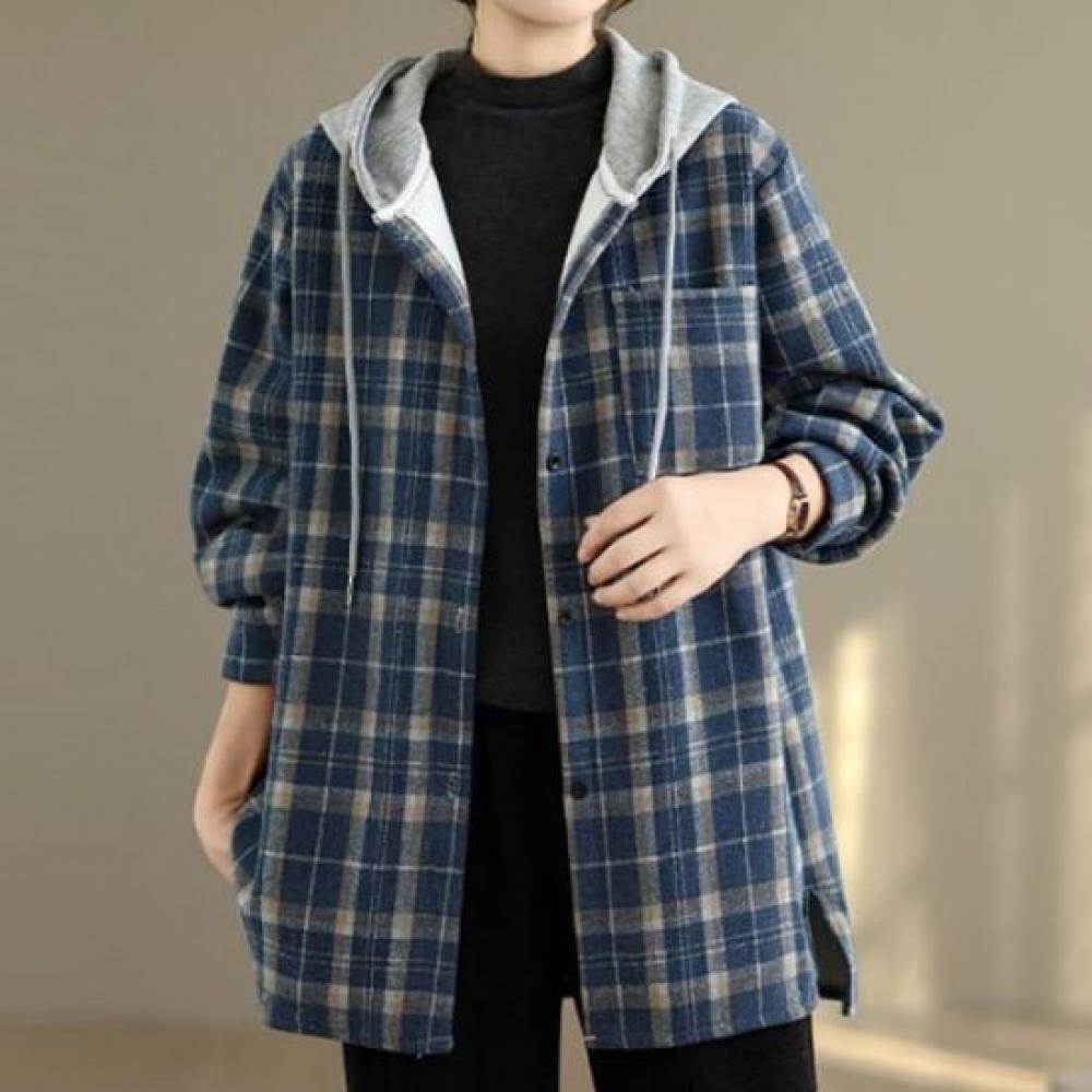 Navava Casual Warm Check Fleece Lined Long Sleeve Hoodie Shirt Nb2993