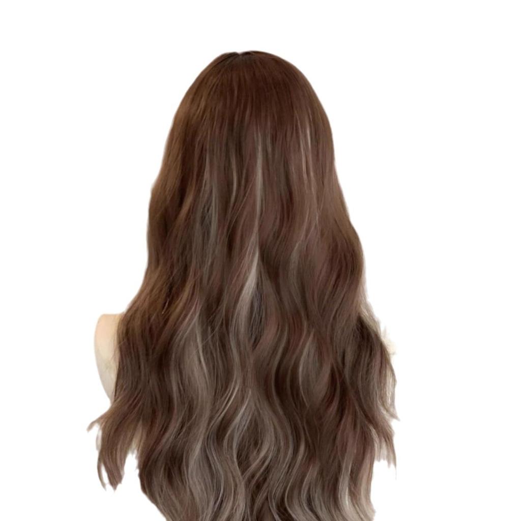 Grey gold highlights big wave long curly hair synthetic wig-Lolita long straight hair breathable chemical fiber headgear